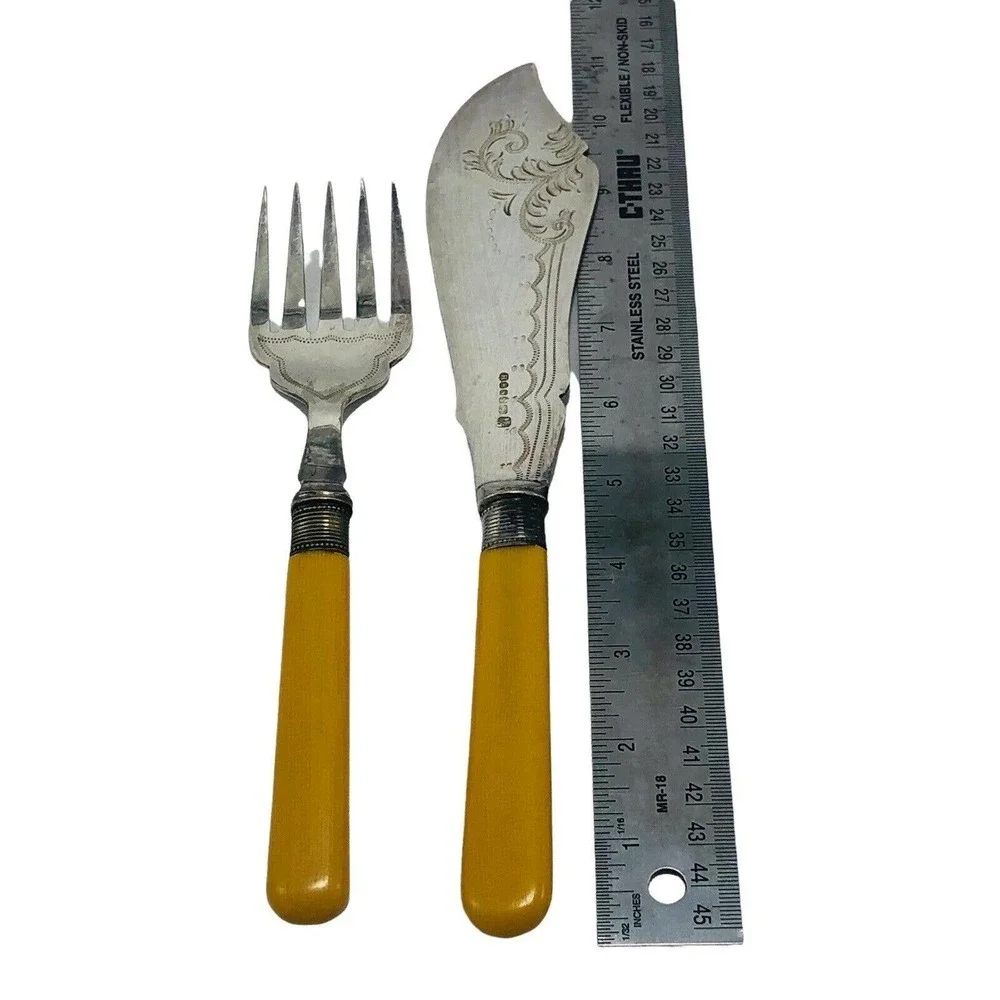 H.F & Co. Silver Plate Master Fish Fork and Knife Set Celluloid Handles 1910